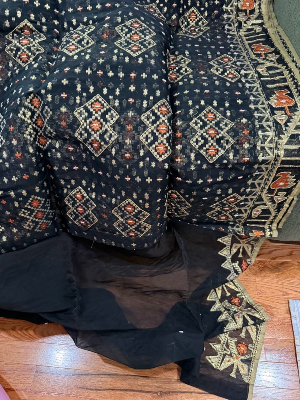 Original Dhaka Zamdani Saree with hand Karchupi work bright black gold